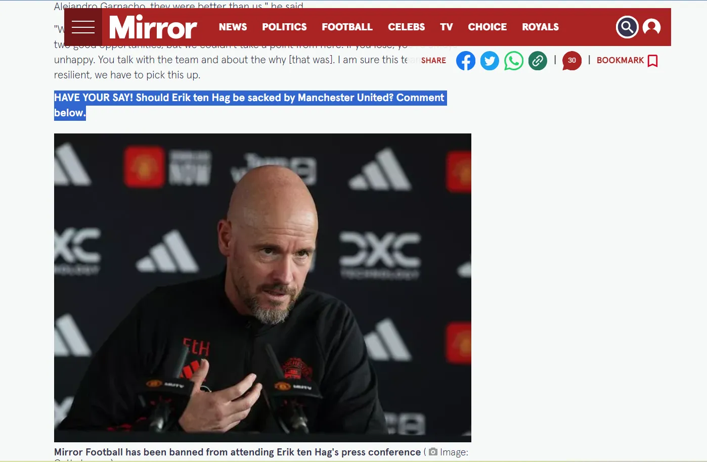 ManUnited boycot vier journalisten wegens gebrek aan wederhoor
