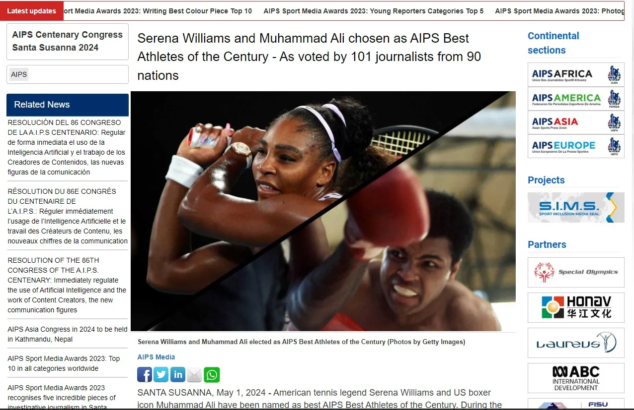 Muhammad Ali en Serena Williams verkozen tot AIPS-sporters van de eeuw 