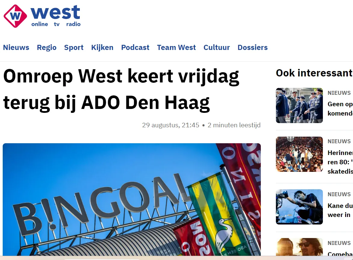 Omroep West terug bij ADO Den Haag na geschil